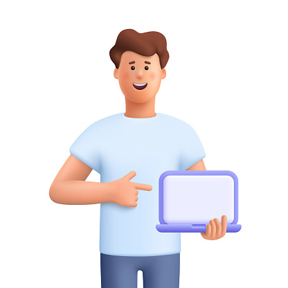 Young smiling man holding and pointing at blank screen laptop computer. Distance and e-learning education concept. 3d vector people character illustration. Cartoon minimal style.