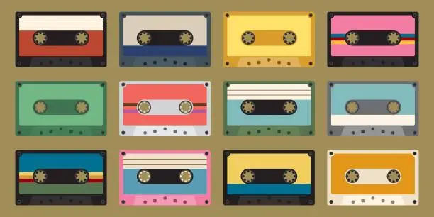 Vector illustration of Colorful plastic audio cassette tapes flat design illustration. Set of different color music tapes.