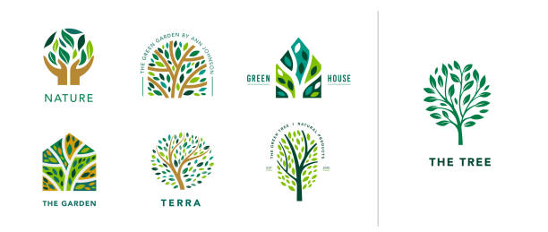 나무 로고 컬렉션입니다. 럭셔리 로고 템플릿입니다. 나뭇잎, 비닐하우스, 자연 개념이 있는 생명 가지의 나무 - tree environment oak tree symbol stock illustrations