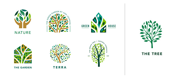 Tree logo collection. Luxury logo templates . Tree of life branch with leaves, green house, nature concept. Vector illustration.