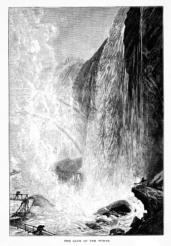 Cave of the Winds at Niagara Falls, New York State, USA. Pen and pencil illustration engraving, published 1872. This edition edited by William Cullen Bryant is in my private collection. Copyright is in public domain.