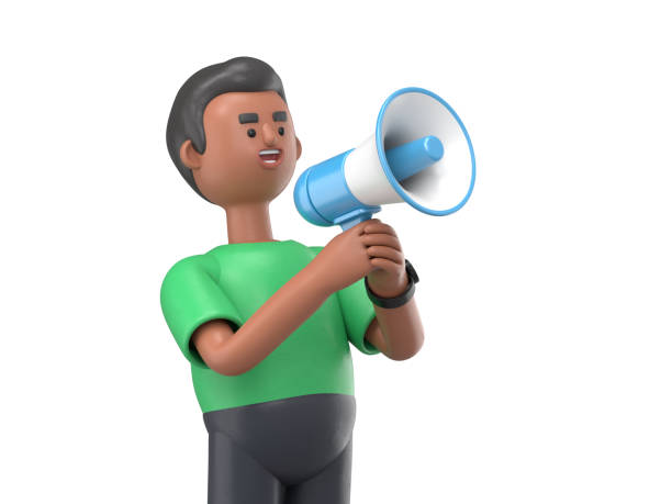 istock 3D illustration of smiling handsome afro man David Using Megaphone For Making Announcement, 3D rendering on white background. 1474726217