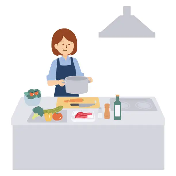 Vector illustration of Clip art of woman cooking in kitchen