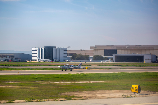 A private airplane taxiing at Long Beach Airport in Feb 2022.