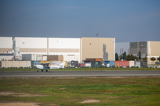 Private Cessna 182 Skylane aircraft with registration N6365A taxiing at Long Beach Airport in Feb 2022.