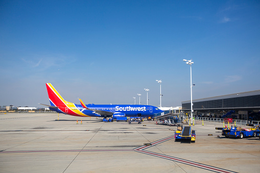 Southwest Airlines Boeing 737-8H4 aircraft with registration N8513F parked at gate at Long Beach Airport in Feb 2022.