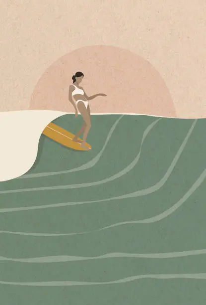 Vector illustration of Longboard Surfer girl riding on the wave, flat retro surf illustration