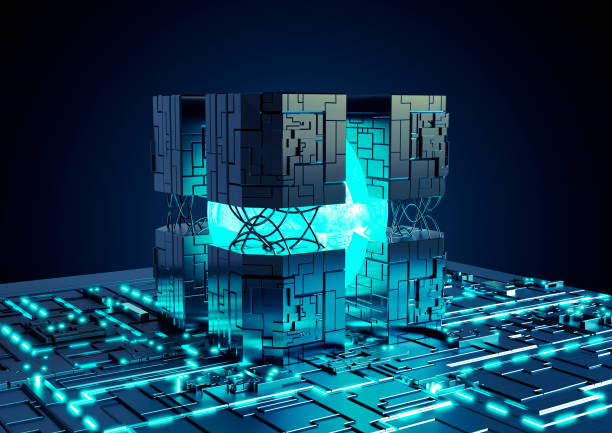 istock Motherboard futuristic neon lights technology background. AI Central Computer Processors CPU and GPU Concept. Quantum chip 1474733428