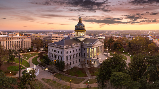 Aerial view of the South Carolina Statehouse at dusk in Columbia, SC. Columbia is the capital of the U.S. state of South Carolina and serves as the county seat of Richland