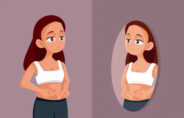 Vector illustration of Teen Girl Checking her Body in the Mirror Feeling Discontent and Sad