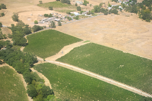 growing cropsand rural buildings  from above in a dry summer landscape
