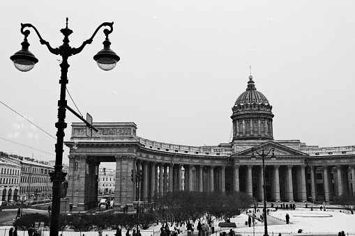 Black and white Saint Petersburg aerial cityscape from St. Isaac's Cathedral top for embankment of the Neva River, Russia