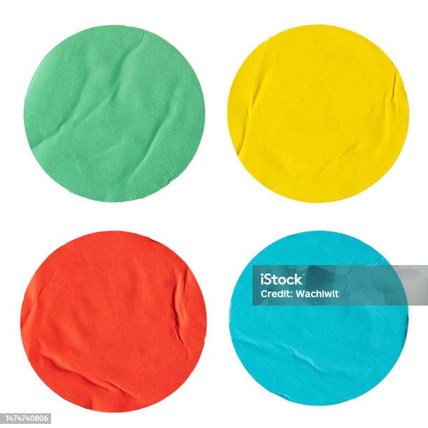 Round Green Yellow Red And Blue Paper Stickers Stock Photo - Download Image Now - Sticker, Circle, Postage Stamp