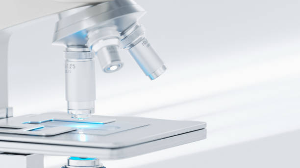istock Microscope chemistry. pharmaceutical instrument. microbiology magnifying tool and symbol of chemical science exploration. Space for banner and logo. Science and Technology background. 1474743620