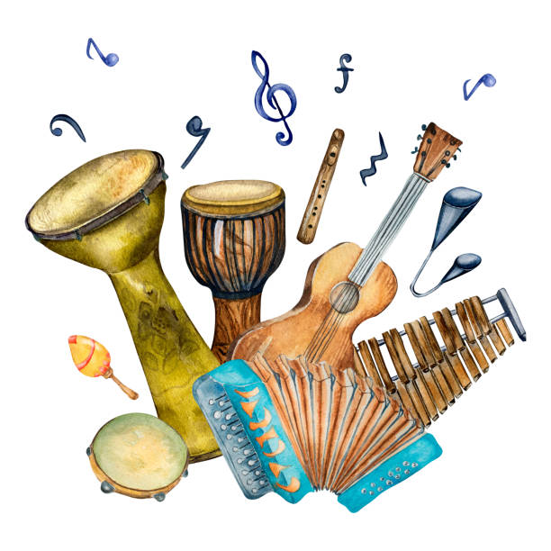 illustrations, cliparts, dessins animés et icônes de composition de divers instruments de musique à percussion aquarelle illustration isolée. - ethnic music