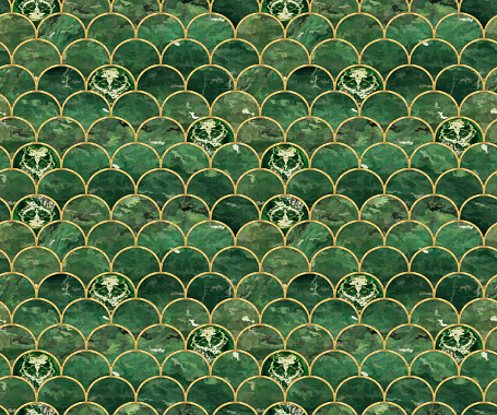 Arcs seamless pattern. Grid. Mosaic, inlay. Illustration in stained glass style. Art Deco style. Seamless chaotic pattern for wallpapers, textile print, tile. Decorative gold waves. Oriental pattern.