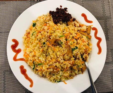 Chicken Fried Rice in a White Plate