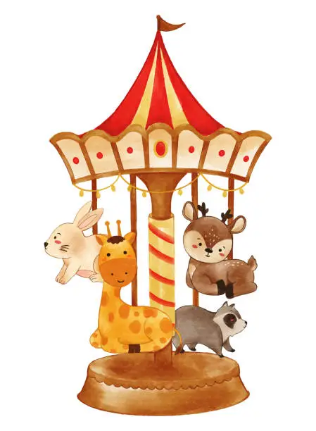 Vector illustration of Theme park and merry go round with wildlife animals . Realistic watercolor paint with paper textured . Cartoon character design . Vector .