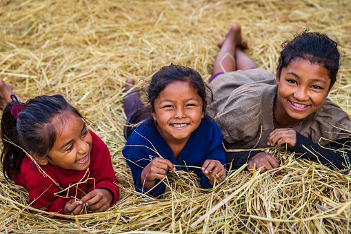 Happy Nepali children playing in a straw in a village in Annapurna Conservation Area. The Annapurna region is in western Nepal where some of the most popular treks (Annapurna Sanctuary Trek, Annapurna Circuit) are located. Peaks in the Annapurnas include 8,091m Annapurna I, Nilgiri and Machhapuchchhre. The Annapurna peaks are among the world's most dangerous mountains to climb.