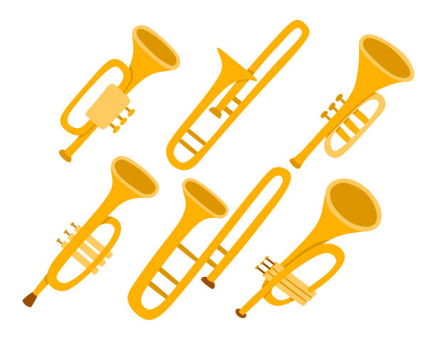 ilustraciones, imágenes clip art, dibujos animados e iconos de stock de linda trompeta de dibujos animados. instrumento musical dibujado a mano. - bugle trumpet jazz music