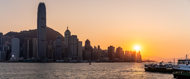 sunset atmosphere at Victoria harbour in Hong Kong, Panorama