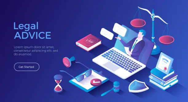 Vector illustration of Legal Advice and Aid. Online services. A professional lawyer gives consultation through a laptop. Law and justice concept. Isometric landing page. Vector web banner.