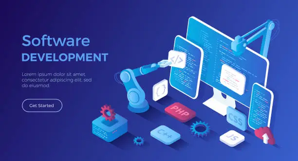 Vector illustration of Software Development programming, engineering, coding. Testing and bug fixing. Creating new applications, programs, frameworks. Isometric landing page. Vector web banner.