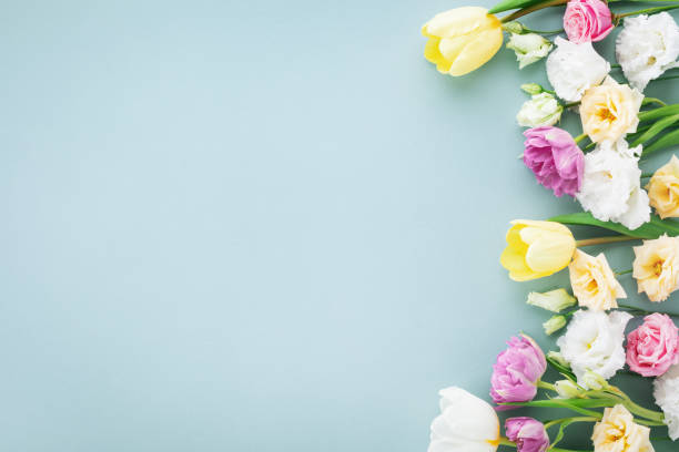 幸せな母の日のお祝いの作曲。パステルブルーの背景に春のカラフルな花。 - bouquet mothers day tulip flower ストックフォトと画像