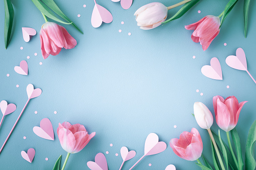 Pink tulip flowers and paper hearts on blue table. Spring floral frame for greeting card of Mothers day.
