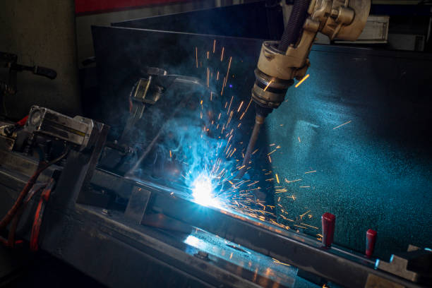 istock Industrial welding robot. Robot coded to weld is working. Digital production operation. Industry 4.0 1474759771