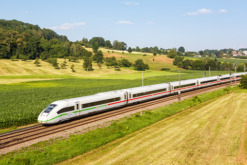 Uhingen, Germany - July 21, 2021: ICE 4 high-speed train of Deutsche Bahn in Uhingen, Germany.