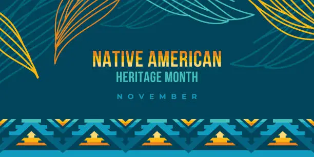 Vector illustration of Native american heritage month. Vector banner, poster, card, content for social media with the text Native american heritage month, november. Green background with native ornament border.
