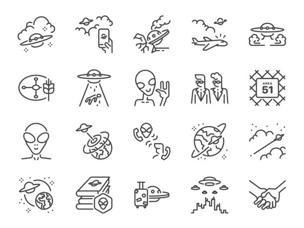 zestaw ikon ufo. zawierał ikony takie jak kosmici, życie pozaziemskie, kosmos, międzygalaktyczny i inne. - ufo landing stock illustrations