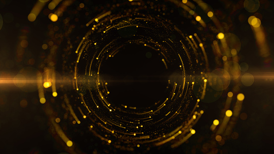 Tunnel gold color digital particles with dots and line circles, Abstract background 3d rendering