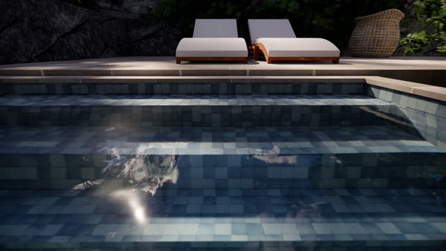 Pool in the backyard of the villa, 3D animation.