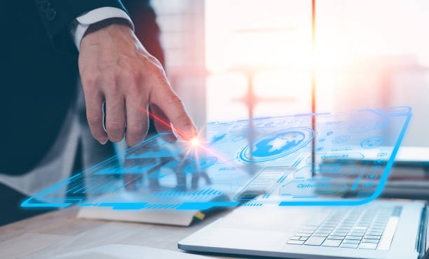 istock Presentation of project management  communication with icons and a manager touching virtual screen, businessman touching virtual screen present project research and development 1474763928