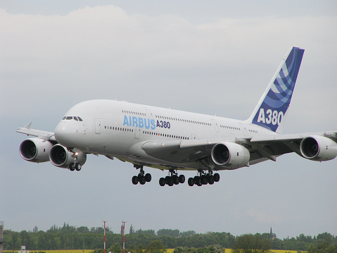 Berlin, Germany - May 19 2006: An Airbus A380-800 is presented on the international air show (ILA) in Berlin