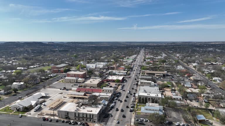 Aerial view of historic downtown district in Fredericksburg, Texas