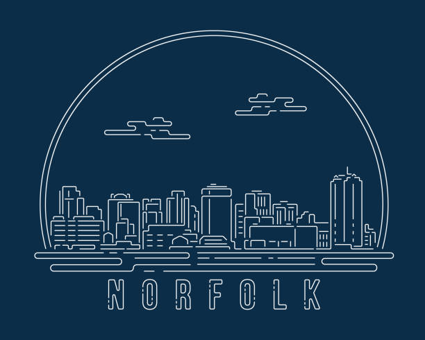 Norfolk - Cityscape with white abstract line corner curve modern style on dark blue background, building skyline city vector illustration design Norfolk - Cityscape with white abstract line corner curve modern style on dark blue background, building skyline city vector illustration design norfolk stock illustrations