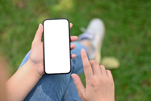 Top view of a woman using her phone in the park. phone white screen mockup over blurred green grass background.