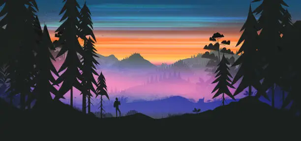 Vector illustration of Forest and mountains at sunset background with hiker
