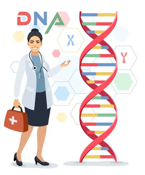Vector illustration of Female Doctor character showing DNA Spiral Model. Medical laboratory concept.
