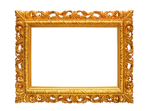 Golden picture frame on white background.
