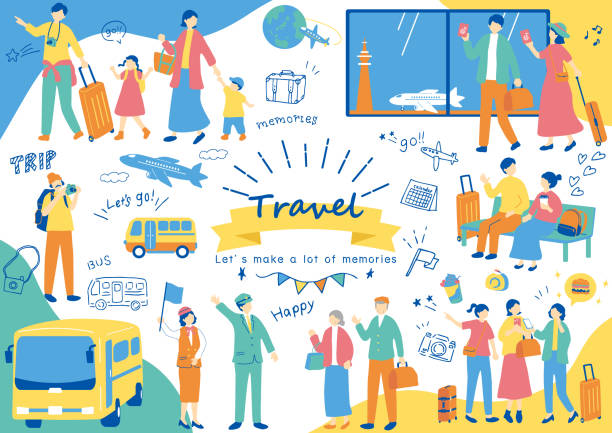 ilustraciones, imágenes clip art, dibujos animados e iconos de stock de set de ilustraciones para personas que disfrutan viajando - bus family travel destinations women