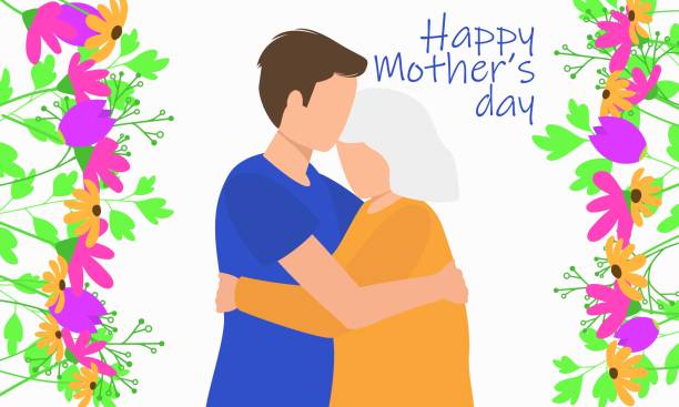 母と息子が抱き合っているイラストと、母の日おめでとうという言葉。 - carnation mothers day florist flower点のイラスト素材／クリップアート素材／マンガ素材／アイコン素材