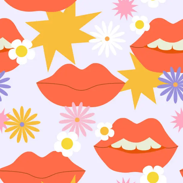 Vector illustration of Comic female lips background in pop art, psychedelic hippie retro style.