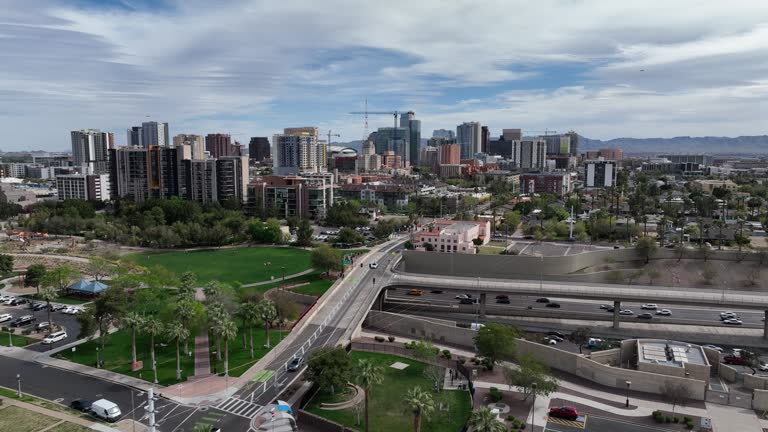 Drone shot of Phoenix, Arizona cityscape