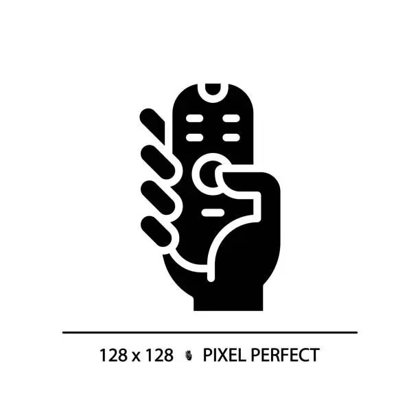 Vector illustration of Hand with remote control pixel perfect black glyph icon