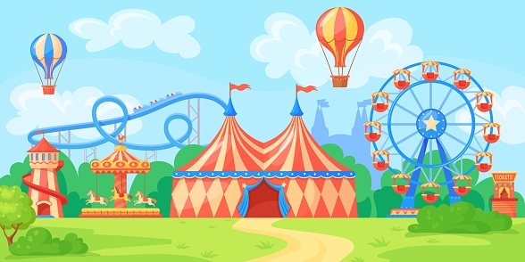 Fairground landscape. Panoramic amusement park, entertainment in daytime fun festival carnival circus, funfair carousel rollercoaster vector illustration of carnival amusement landscape, fun carousel