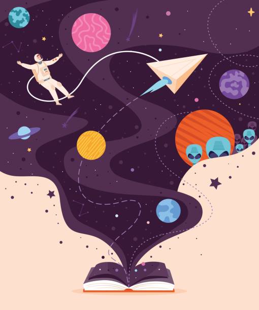 wyobraźnia książki kosmicznej. inspirująca książka, środowisko galaktyki i kosmos, opowiadanie historii dla dzieci w wieku szkolnym, czytanie, nauka, edukacja, magiczne elementy przestrzeni, ilustracja wektorowa wszechświata - child ideas inspiration expertise stock illustrations